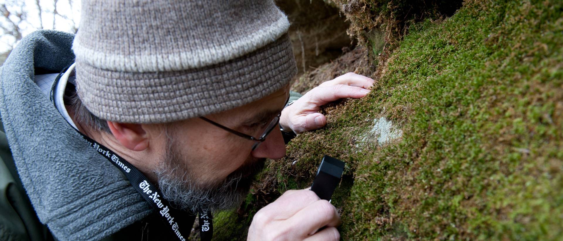 Dr. Joseph Rohrer uses a hand lens to identify moss species found in Putnam Park.